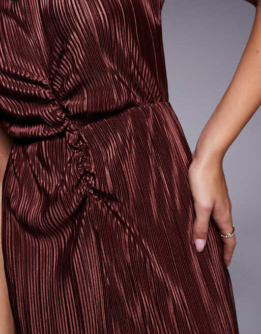 ASOS DESIGN plisse high neck ruched detail midi dress in chocolate, 3 of 4