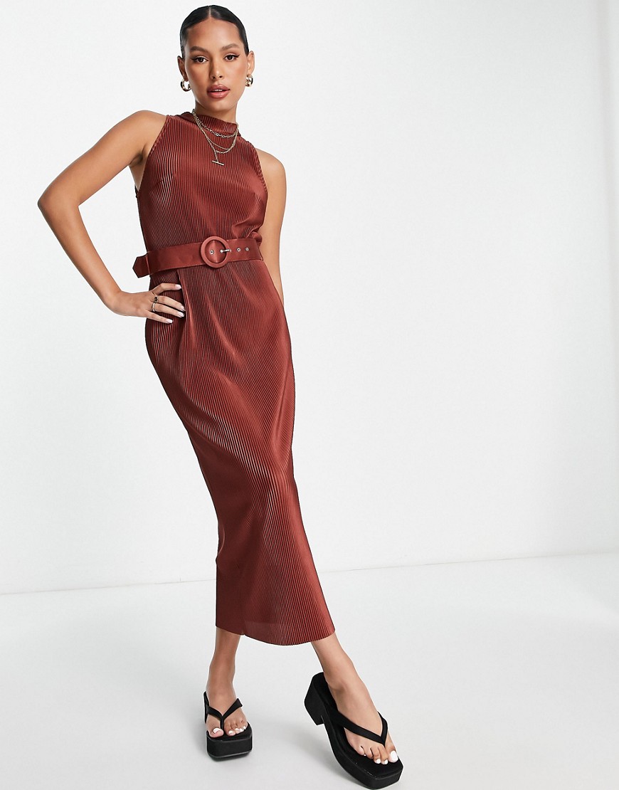 ASOS DESIGN plisse high neck sleeveless midi dress with belt in brown