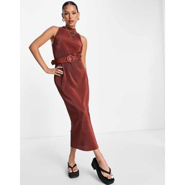 ASOS DESIGN plisse high neck sleeveless midi dress with belt in brown