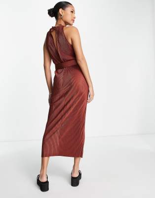 Asos design plisse high neck balloon sleeve open back midi clearance dress