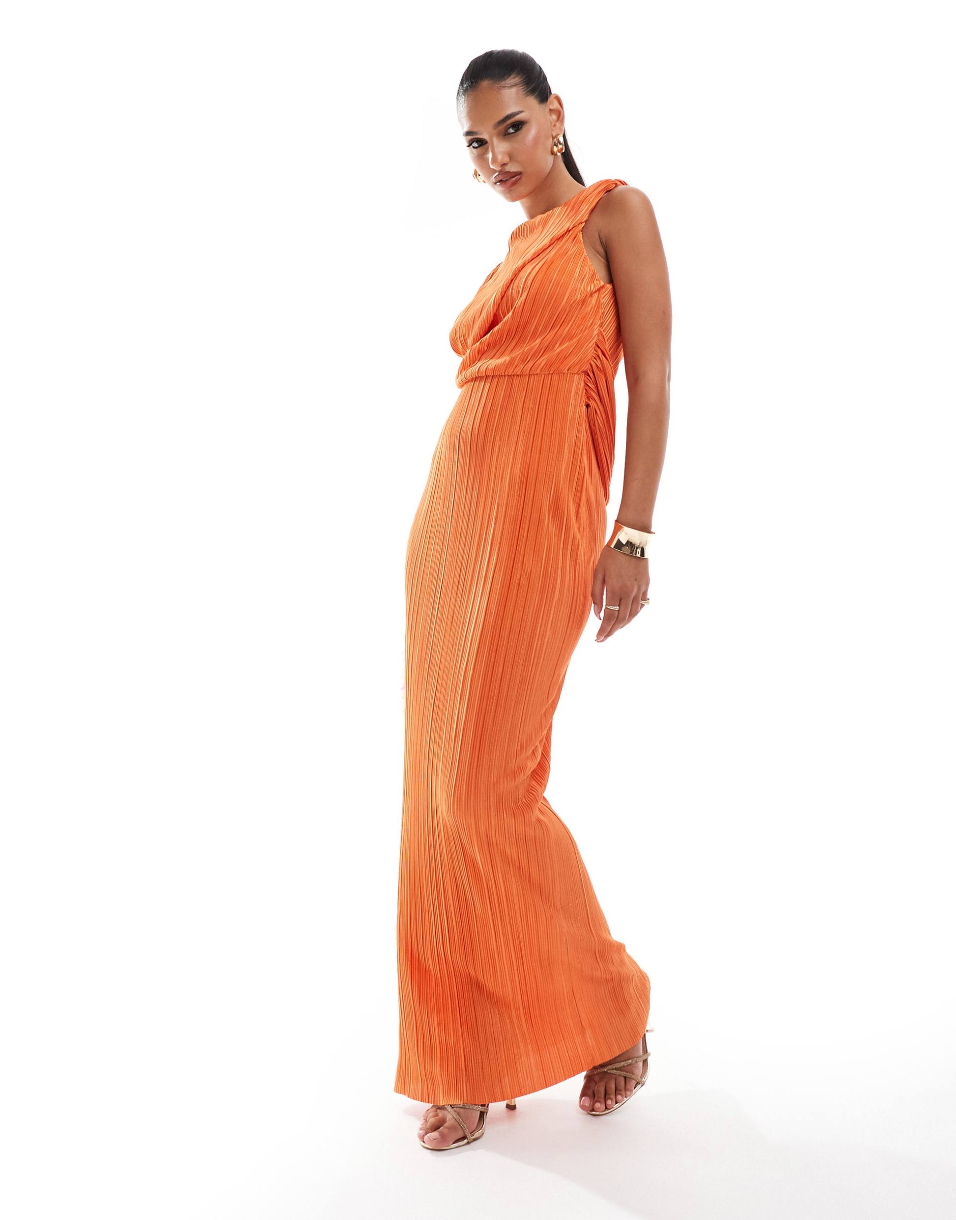 asos design plisse high neck sleeveless midi dress with drape sash detail in orange