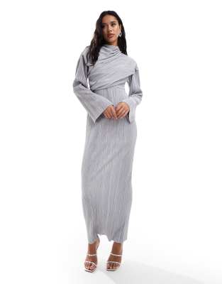 ASOS DESIGN plisse high neck wrap detail maxi skirt in light grey - view 1
