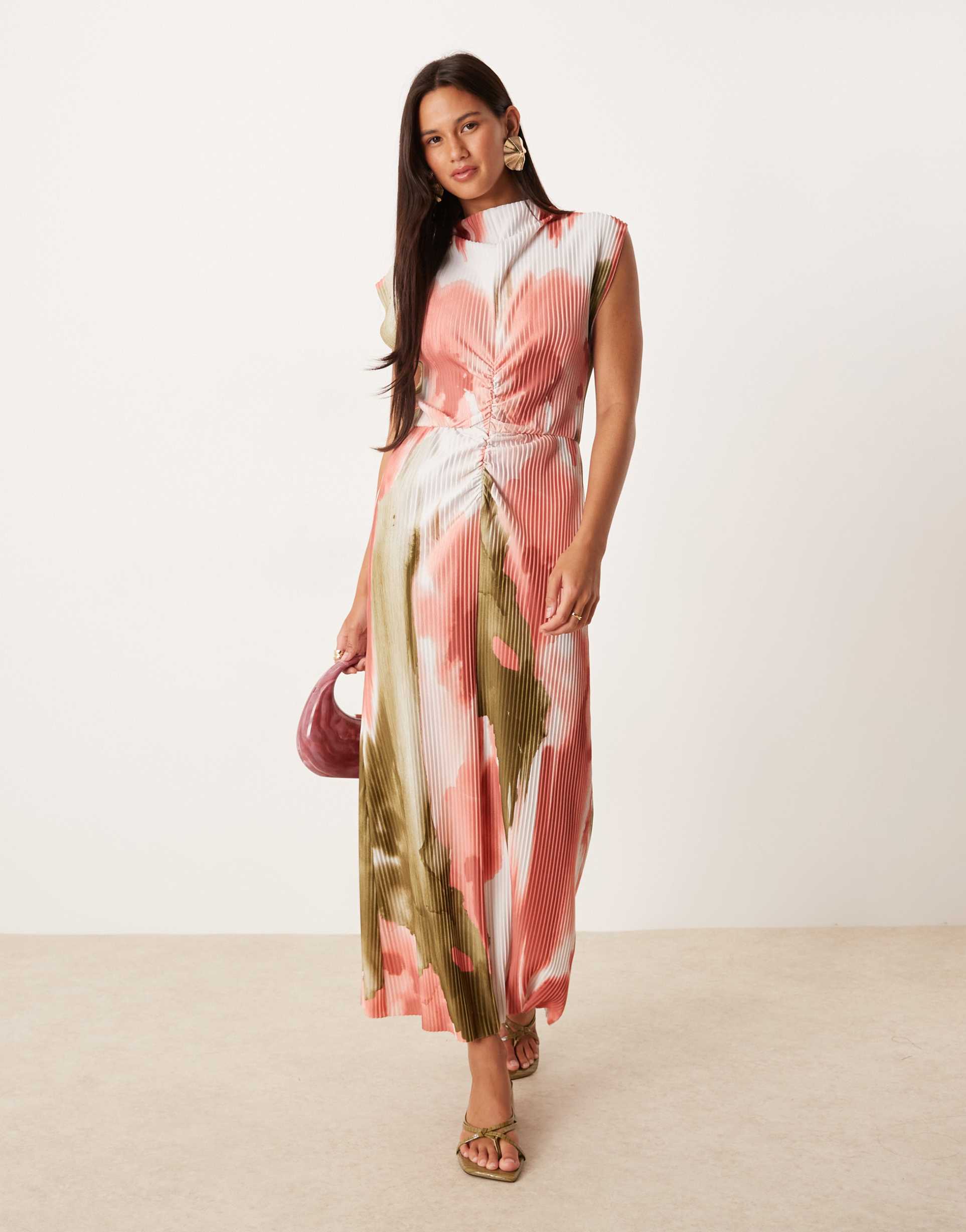 asos design plisse high twisted neck midi dress in smudge floral print