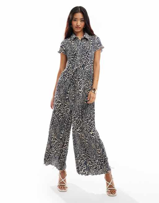 ASOS DESIGN - Plissé jumpsuit met korte mouwen, wijde pijpen en dierenprint in blauw