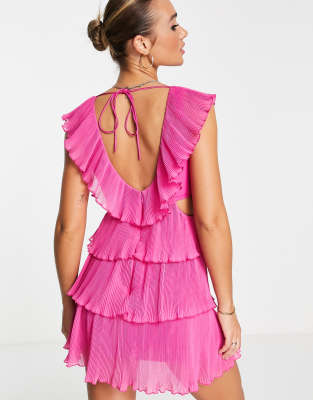 ASOS DESIGN plisse layered mini dress with cut out bodice detail in hot pink