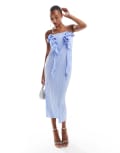 [ASOS DESIGN] ASOS DESIGN plisse lettuce hem ruffle detail bandeau midi dress in baby blue-Green 8 Blue