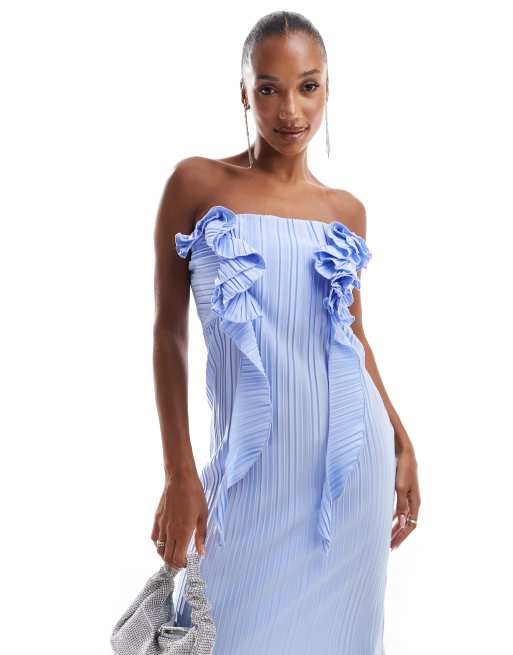 ASOS DESIGN plisse lettuce hem ruffle detail bandeau midi dress in baby blue