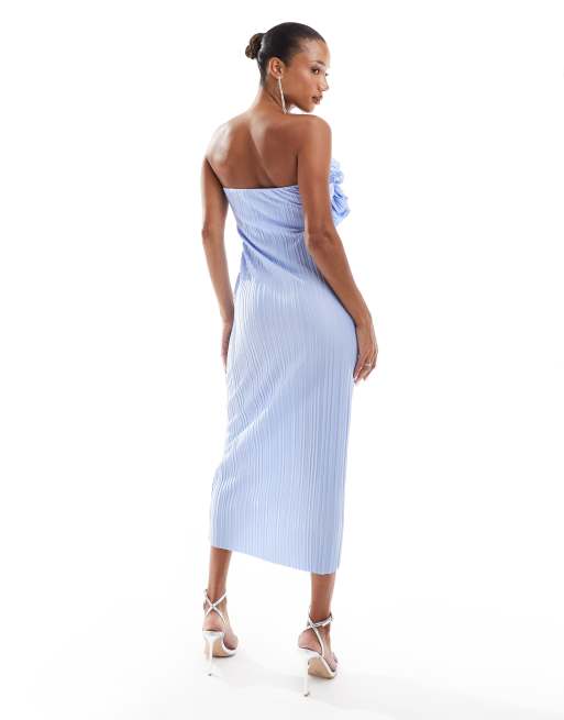 ASOS DESIGN plisse lettuce hem ruffle detail bandeau midi dress in baby blue