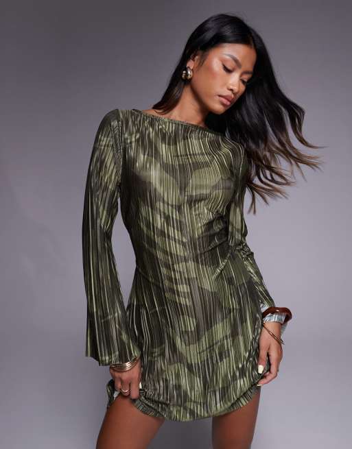 ASOS DESIGN plisse long angel sleeves mini dress in khaki green leaf print