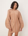 [ASOS DESIGN] ASOS DESIGN plisse long cocoon sleeve mini dress with waist seam in camel-Neutral 14 CAMEL
