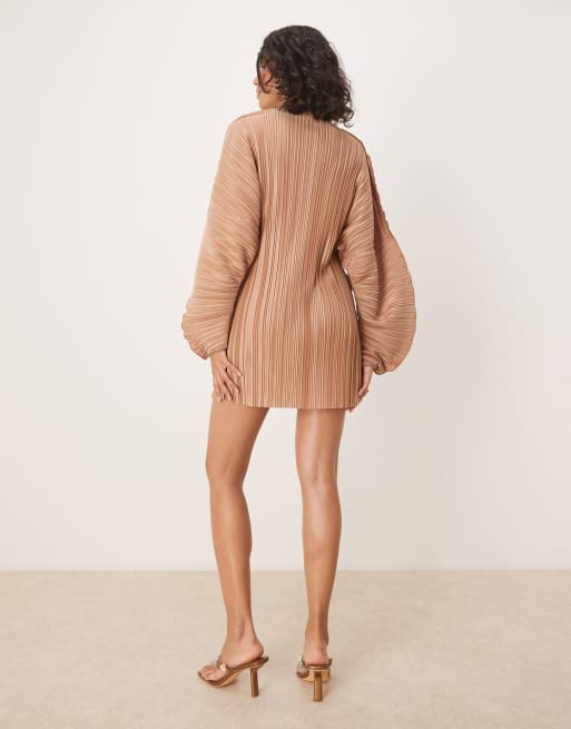 ASOS DESIGN plisse long cocoon sleeve mini dress with waist seam in camel, 4 of 4