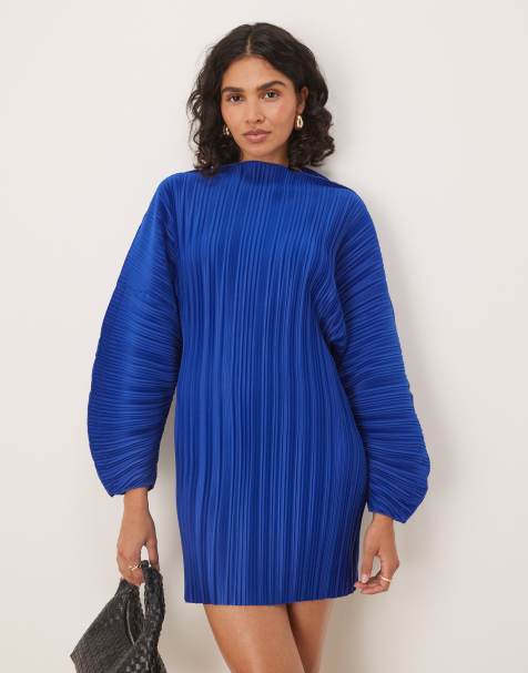 ASOS DESIGN plisse long cocoon sleeve mini dress with waist seam in cobalt blue - view 1