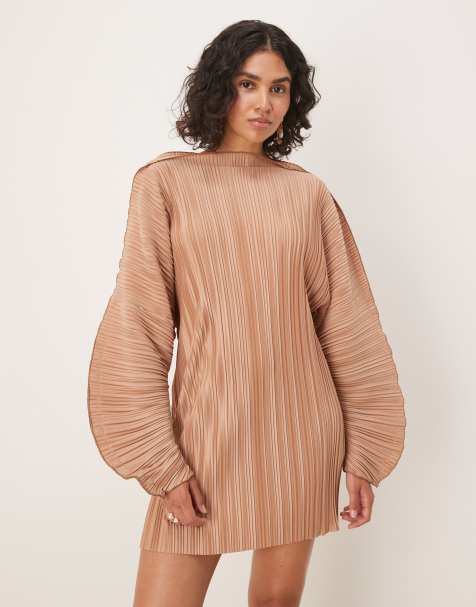 ASOS DESIGN plisse long cocoon sleeves mini dress with waist seam in camel - view 1