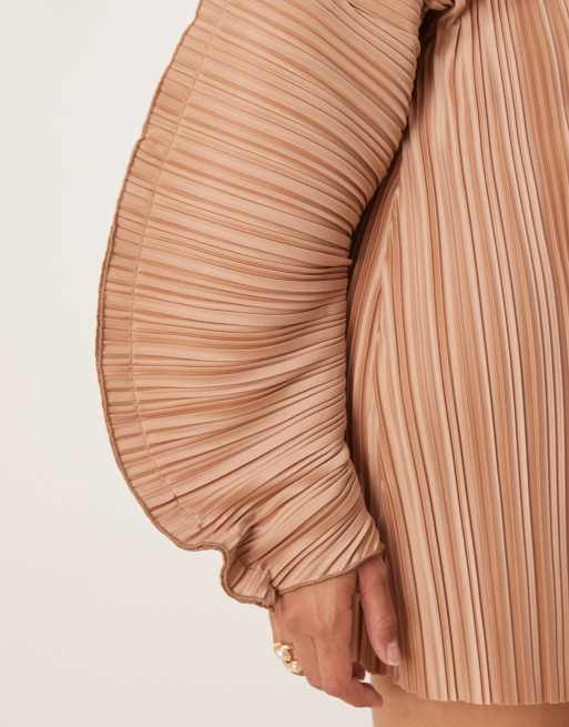 ASOS DESIGN plisse long cocoon sleeves mini dress with waist seam in camel
