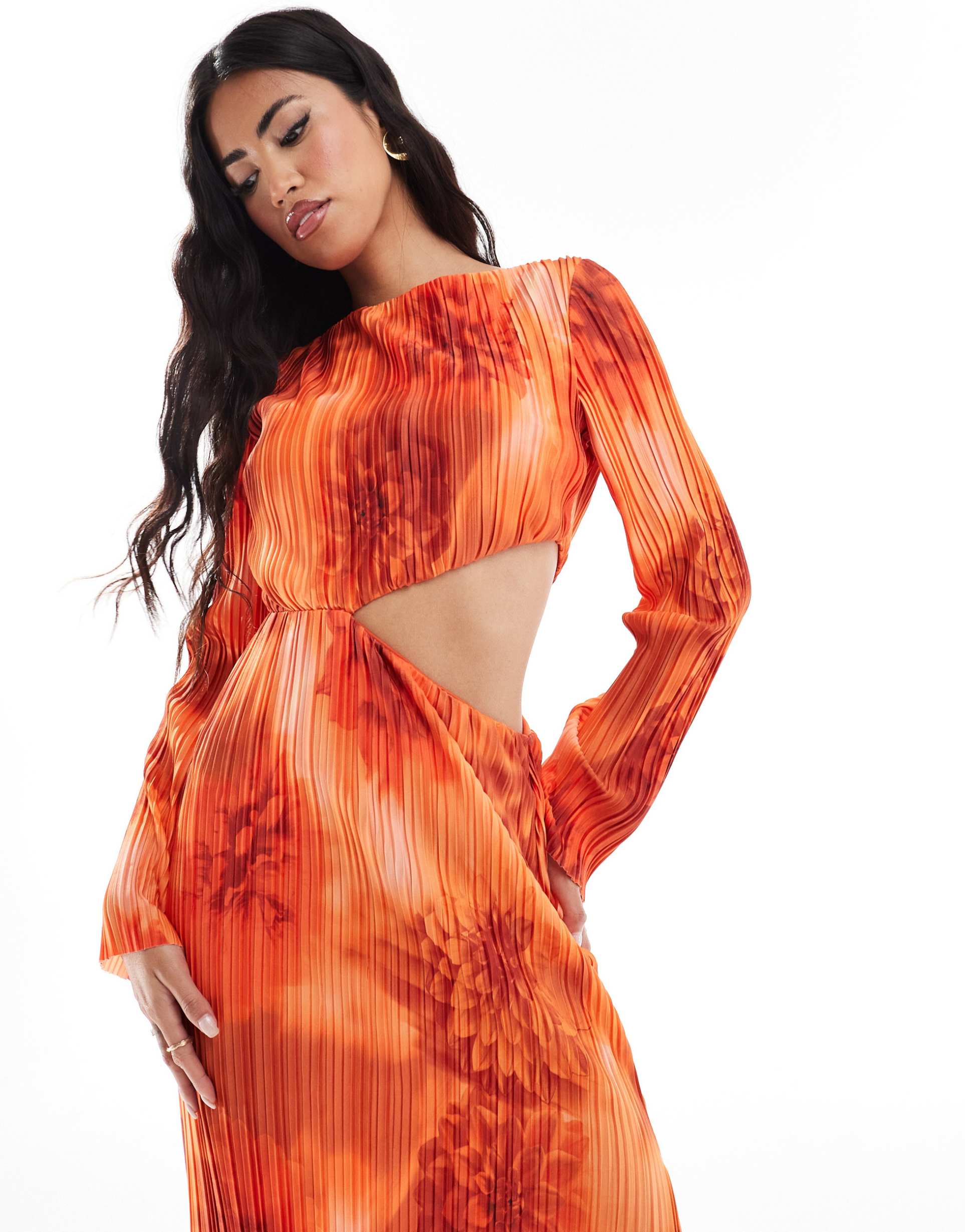 asos design plisse long sleeve cut out detail maxi dress in orange floral