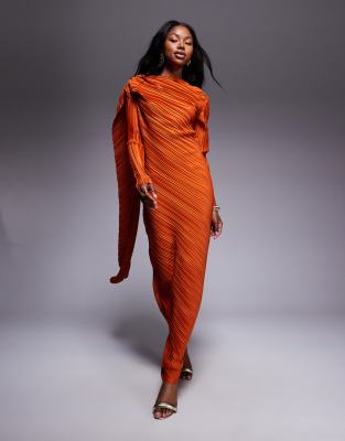 Asos Design Plisse Long Sleeve Drape Detail Maxi Dress In Orange