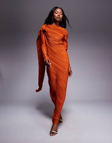 ASOS DESIGN plisse long sleeve drape detail maxi dress in burnt orange - view 1