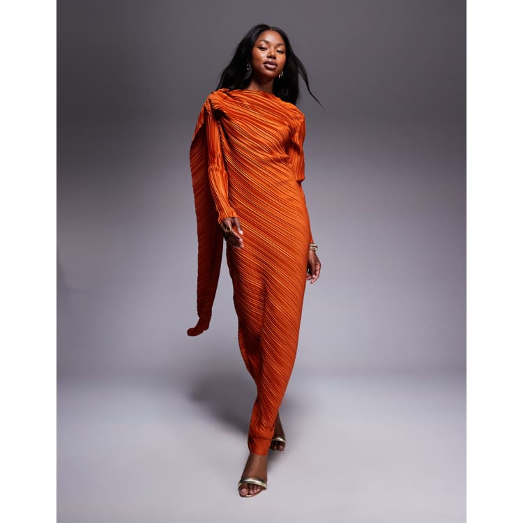ASOS Design Plisse Long Sleeve Drape Detail Maxi Dress in Burnt Orange