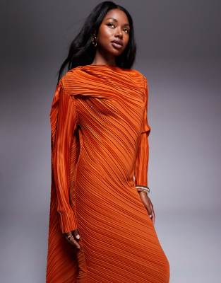 Asos Design Plisse Long Sleeve Drape Detail Maxi Dress In Orange