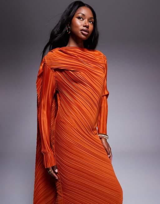 ASOS DESIGN plisse long sleeve drape detail maxi dress in burnt orange