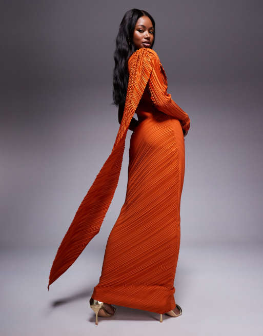ASOS DESIGN plisse long sleeve drape detail maxi dress in burnt orange