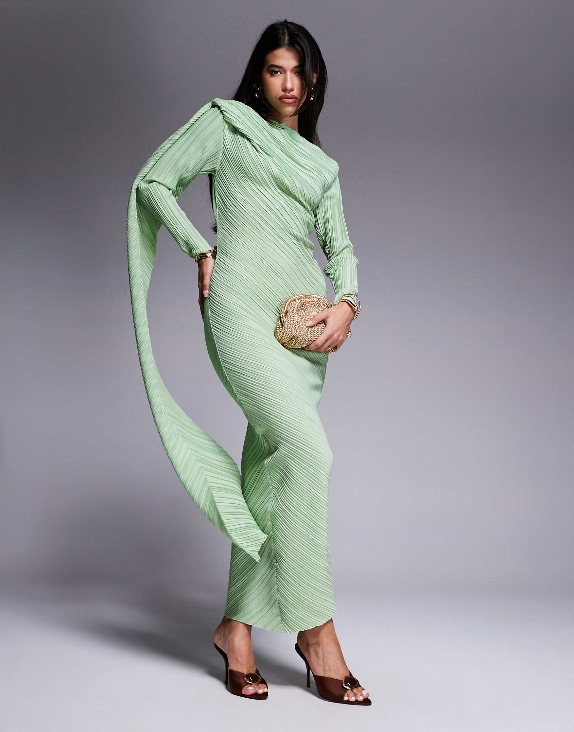 asos design plisse long sleeve drape detail maxi dress in mint green