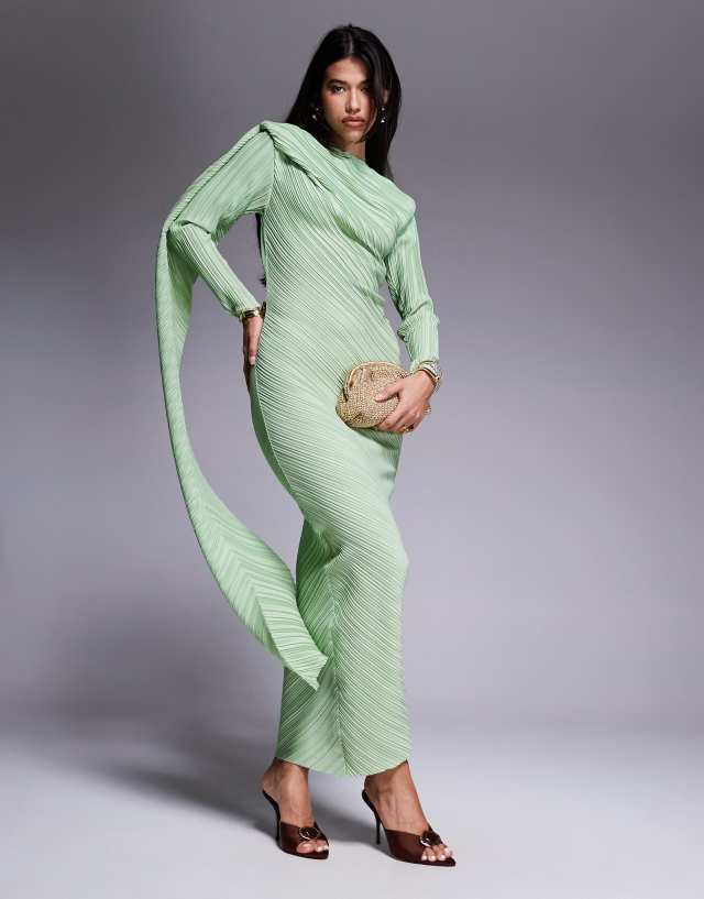 asos mint green maternity dress DESIGN plisse long sleeve drape detail maxi in group-DHD9757
