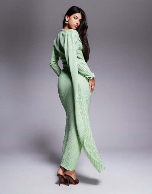 ASOS DESIGN plisse long sleeve drape detail maxi dress in mint green 