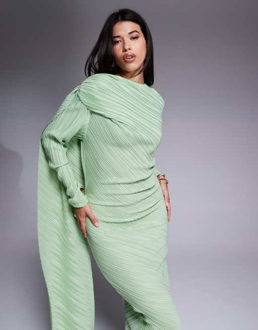 ASOS DESIGN plisse long sleeve drape detail maxi dress in mint green 