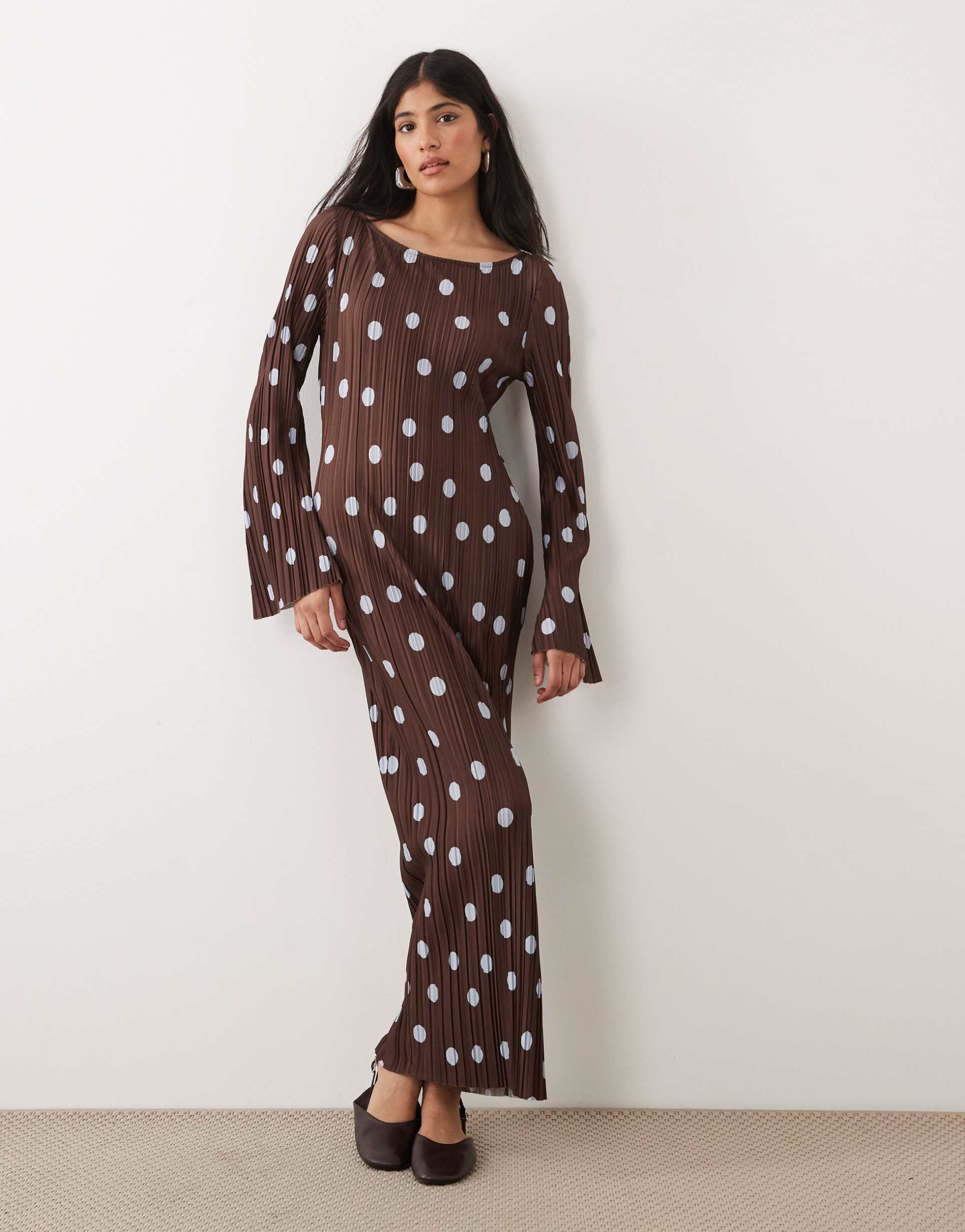 asos design plisse long sleeve midi dress in polka dot print