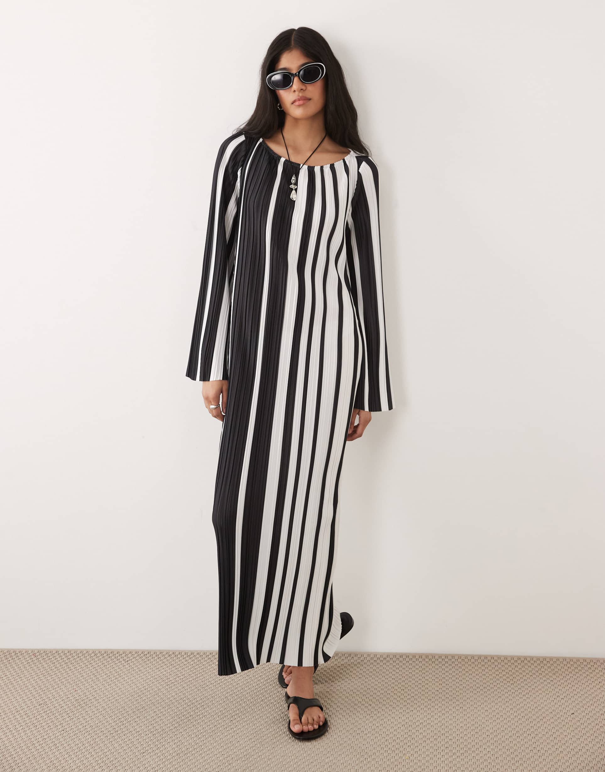 asos design plisse long sleeve midi dress in stripe