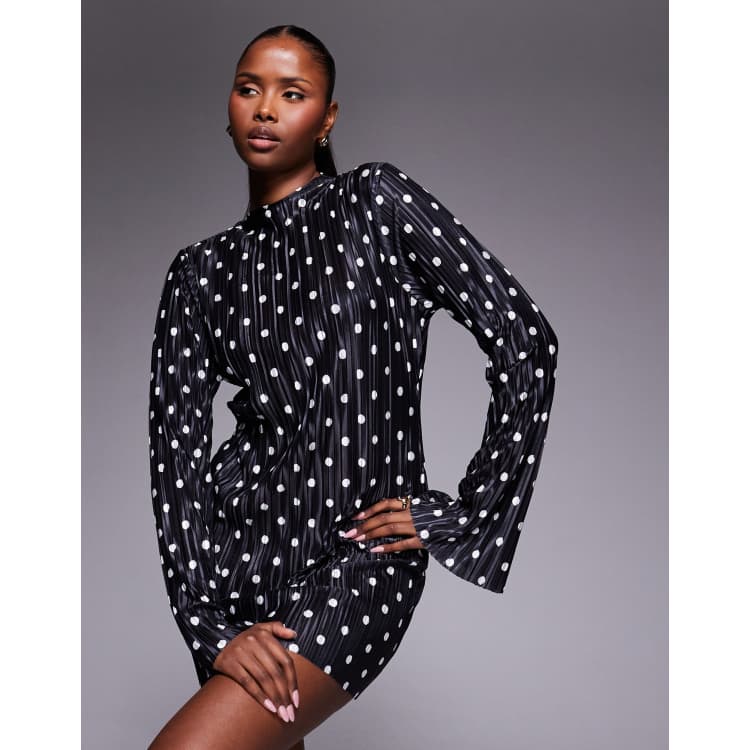 ASOS DESIGN plissé long sleeve mini dress in black and white polka dots