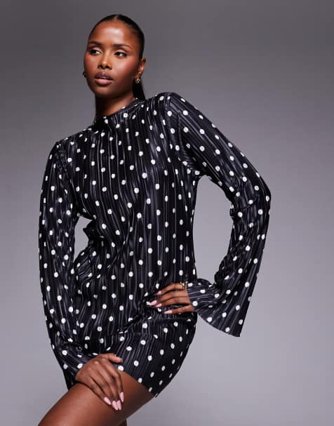 ASOS DESIGN plisse long sleeve mini dress in mono polka dot - view 1
