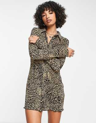 ASOS DESIGN plisse long sleeve mini shirt dress in brown animal-Multi