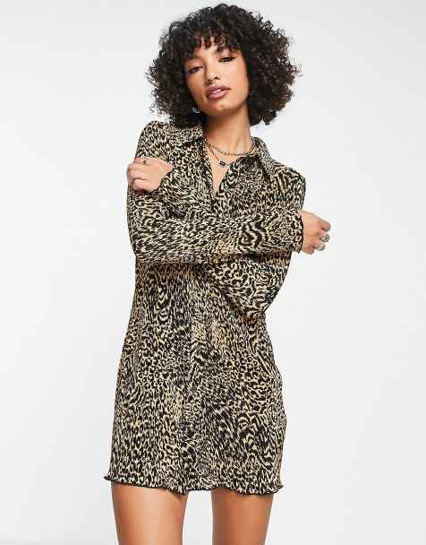 ASOS DESIGN plisse long sleeve mini shirt dress in brown animal - view 1