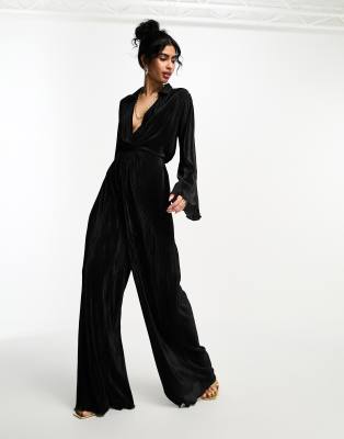 ASOS DESIGN PLISSE LONG SLEEVE SHIRT JUMPSUIT IN BLACK