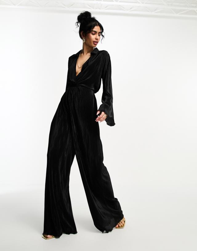 ASOS DESIGN plisse long sleeve shirt jumpsuit in black