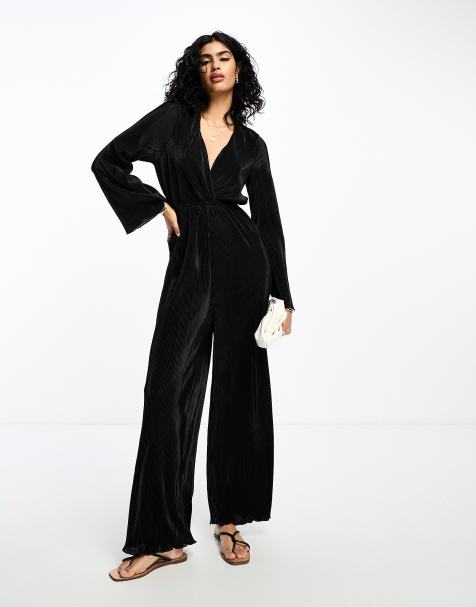 ASOS LUXE extreme bardot sleeve velvet flare jumpsuit in black