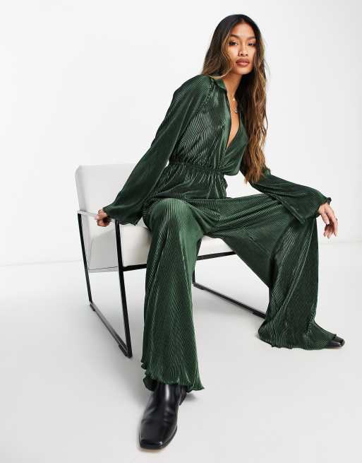 Long satin shirt jumpsuit