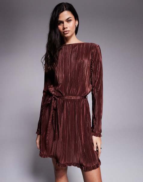 ASOS DESIGN plisse long sleeve tie waist mini dress with frill detailing in chocolate - view 1