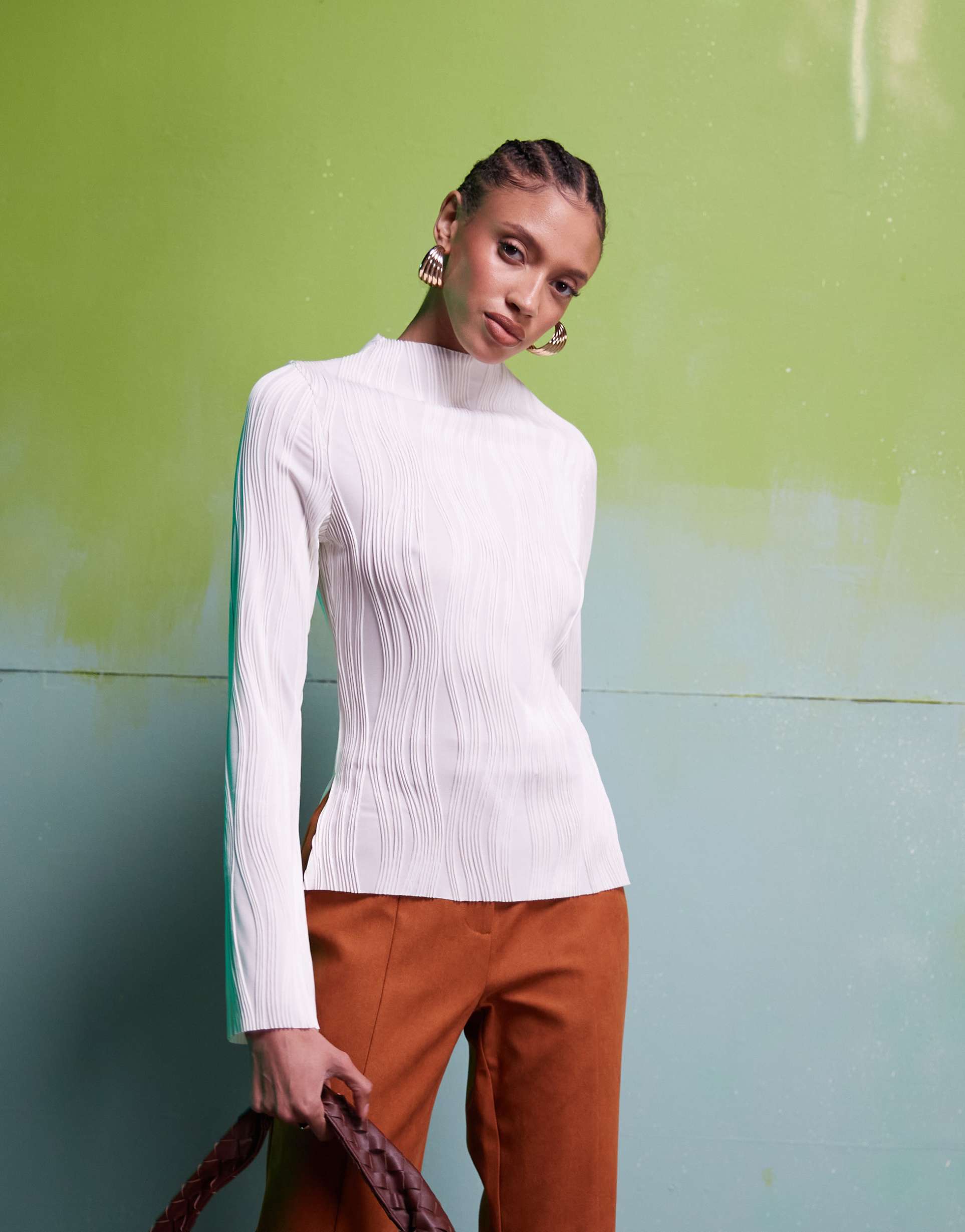 asos design plisse long sleeve top in cream