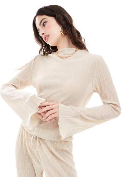 ASOS DESIGN plisse long sleeve top with fluted sleeves co ord in champagne - view 1