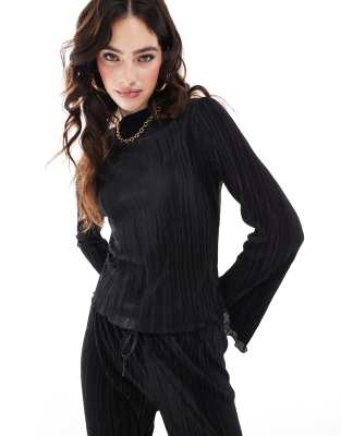 Asos Design Plisse Long Sleeve Top With Fluted Sleeves In Black - Part Of A Set