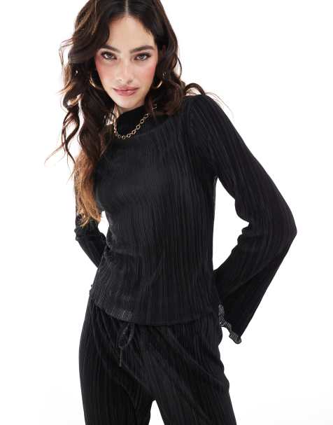 ASOS DESIGN plisse long sleeve top with fluted sleeves in black - part of a set - view 1
