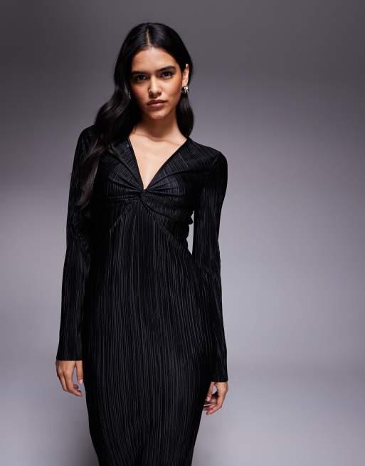 ASOS Design Pliss Long Sleeve Twisted Front Midi Dress in Black