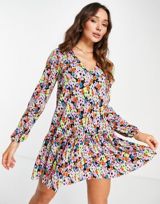 ASOS DESIGN plisse long sleeve v neck mini dress in bright floral print-Multi