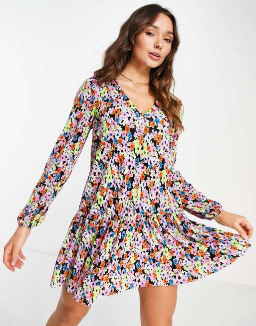 ASOS DESIGN plisse long sleeve v neck mini dress in bright floral print ...