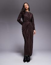 ASOS DESIGN long sleeve tucked waist bias cut maxi dress in chocolate ...