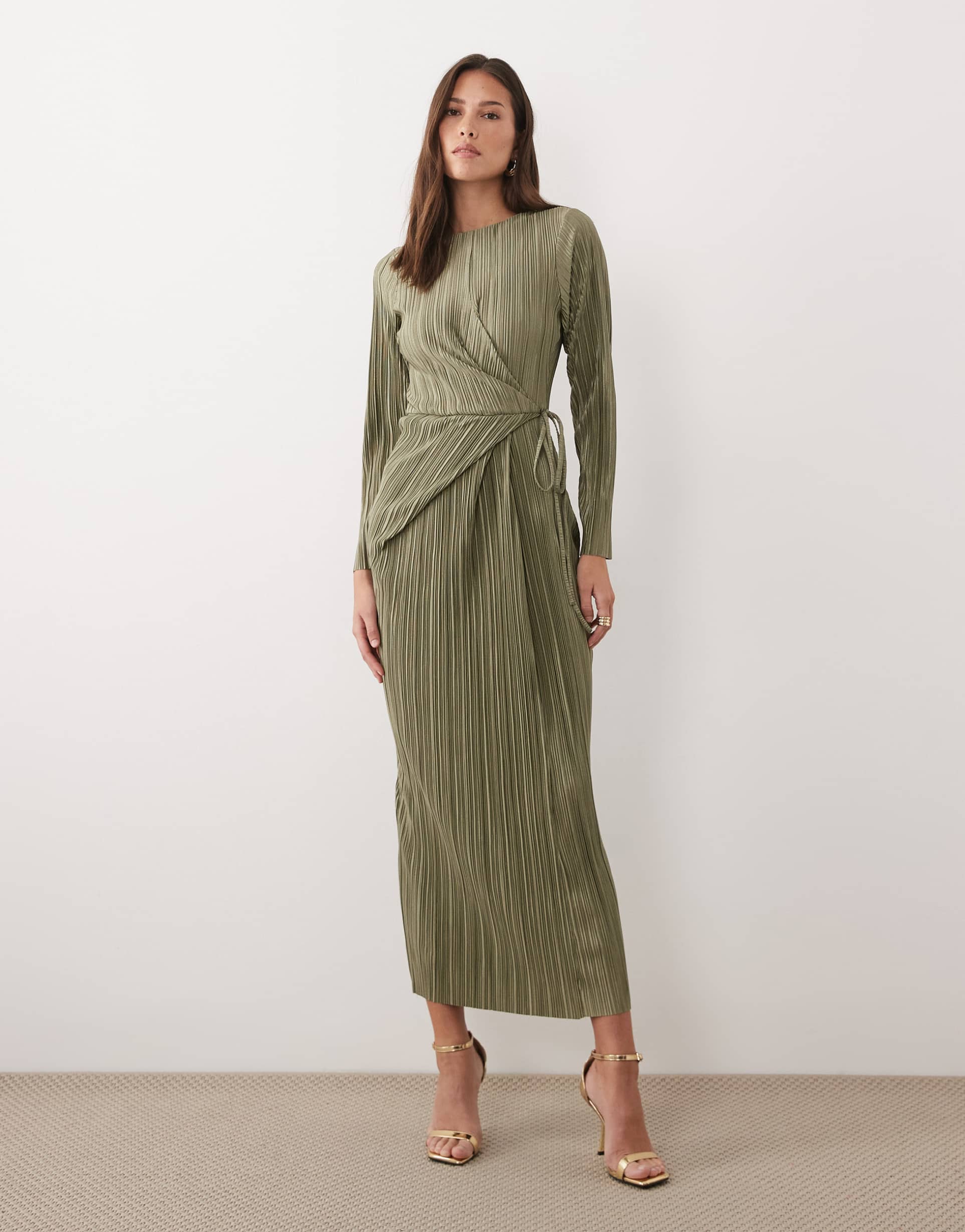 asos design plisse long sleeve wrap tie waist maxi dress in khaki