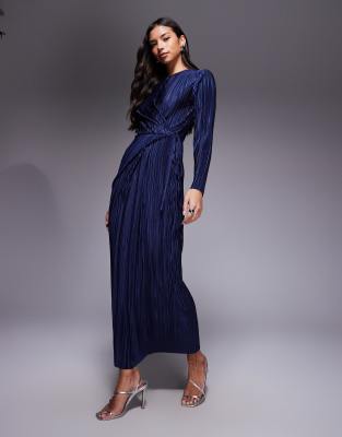 Asos Design Plisse Long Sleeve Wrap Tie Waist Maxi Dress In Blue